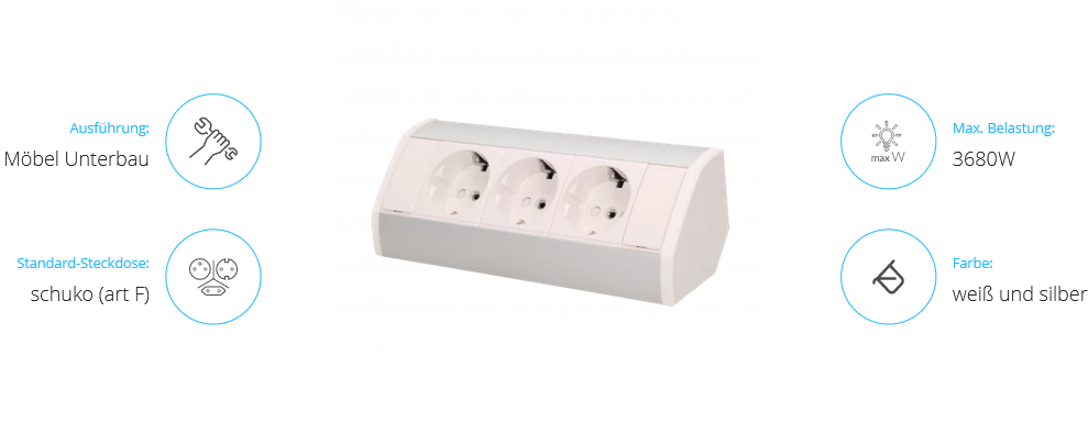 Möbel-Steckdose 3x2P+Z, Schuko Version, weiß-silber