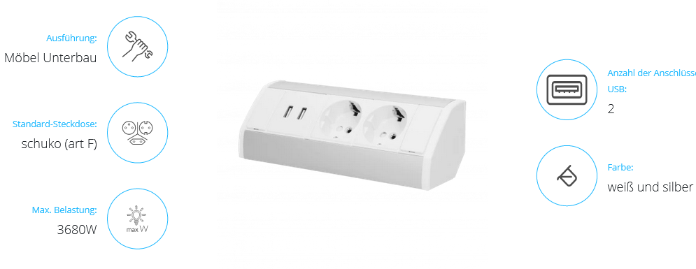 Möbel-Steckdose,2x2P+Z+USB, Schuko Version, weiß-silber