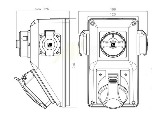 Wandverteiler mit Wendeschalter für Rechts- und Linkslauf 1xCEE/16A+2x230V/16A