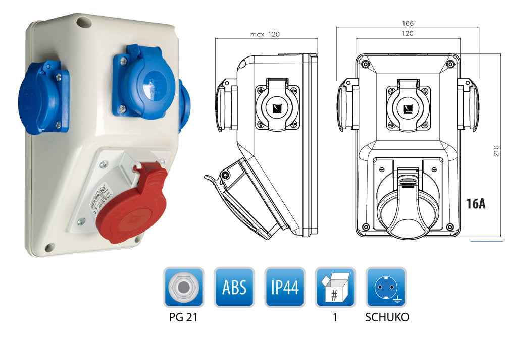 Wandsteckdose Wandverteiler 1 x CEE 16A/400 + 3 x 250 V/16A Schuko vorverdrahtet