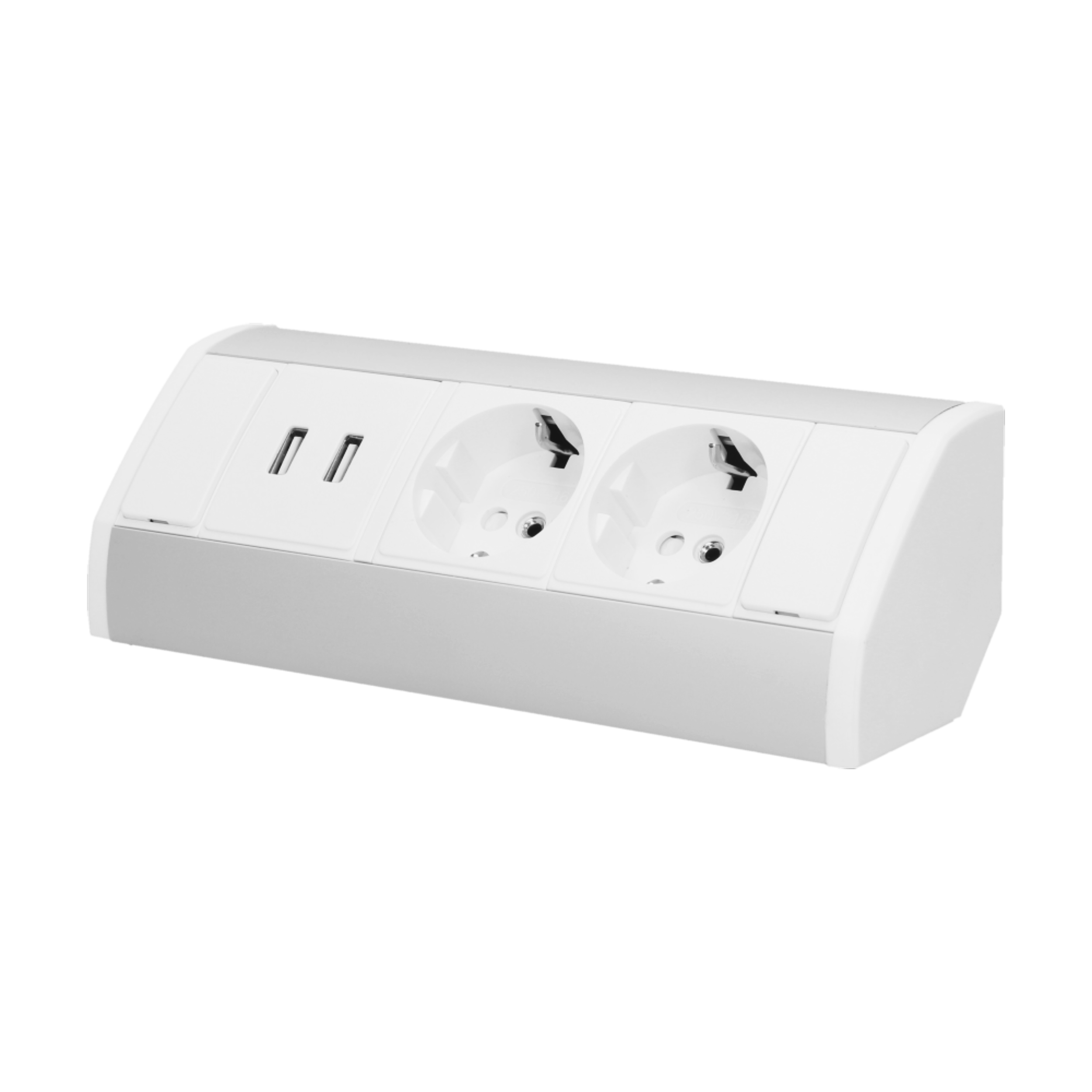 Möbelsteckdose mit Halterung, USB-Ladegerät, 2 Steckdosen 2P+Z (Schuko),  2xUSB (Typ A, 2,4A), Kabel 3x1,5mm2 - 1,4m, weiß - Elektrogeschäft Reeline
