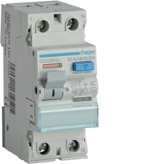 Hager CDC263J FI-Schutzschalter, 2P, 63A, 30mA, Typ AC