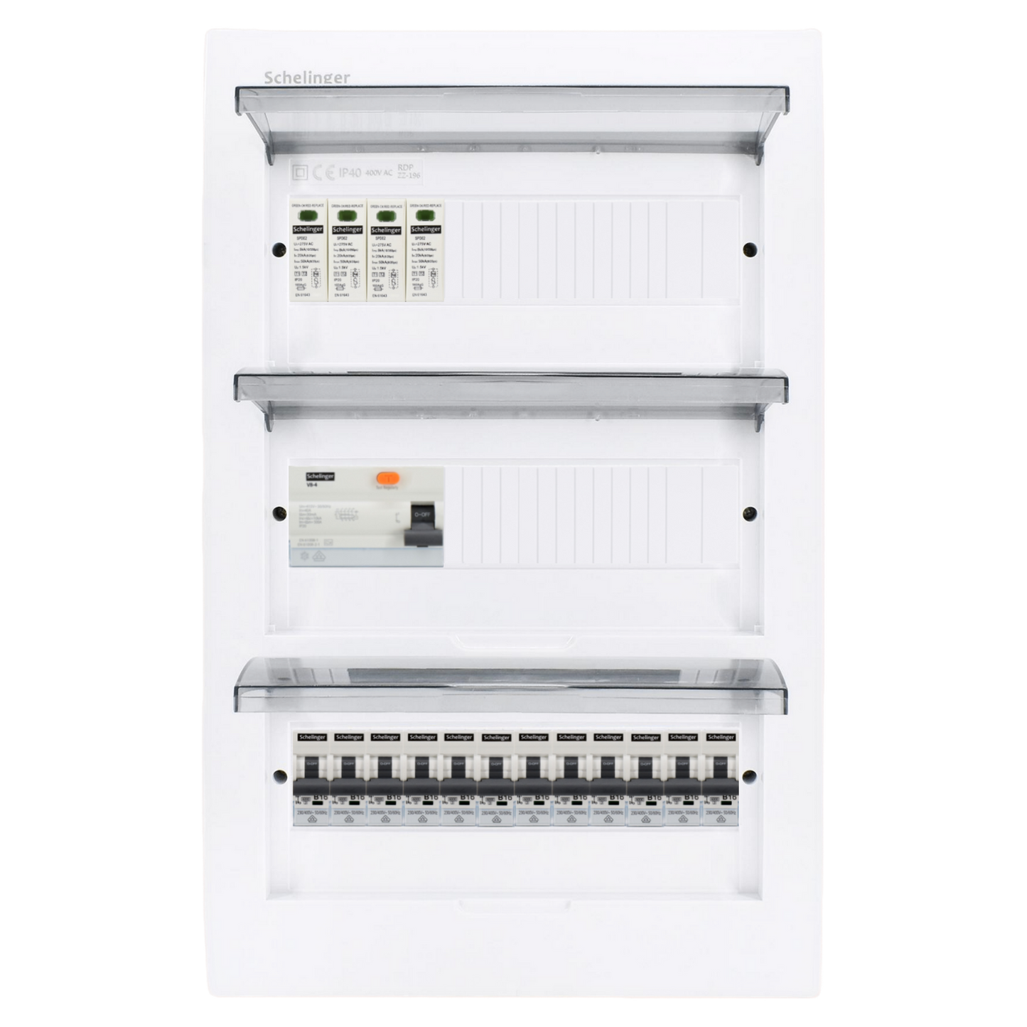 Sicherungskasten, 2,3,4,5 Reihig, Aufputz, Unterputz, Hohlwand, verdrahtet, VDE 1 x FI 40A/30mA + 12 x 1P LS B16