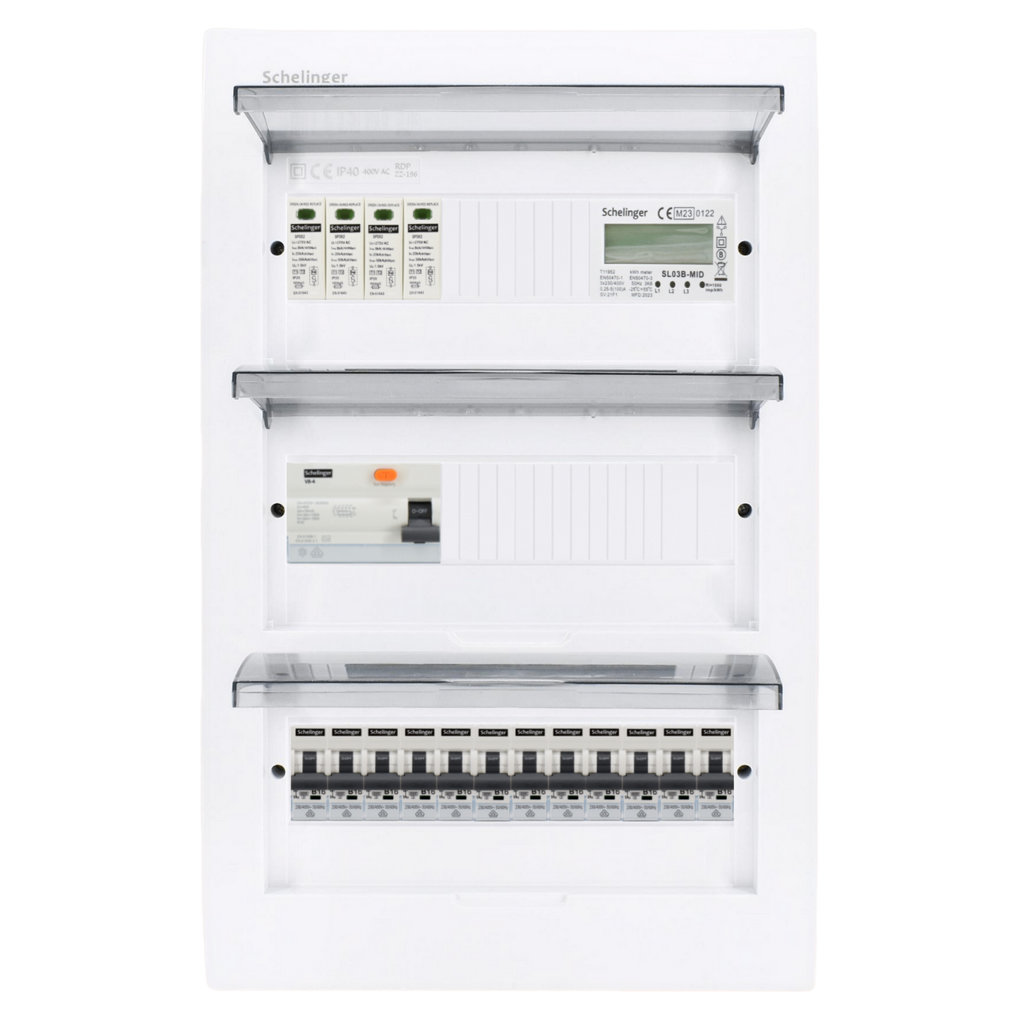 Sicherungskasten, 2,3,4,5 Reihig, Aufputz, Unterputz, Hohlwand, verdrahtet, VDE 1 x FI 40A/30mA + 12 x 1P LS B16