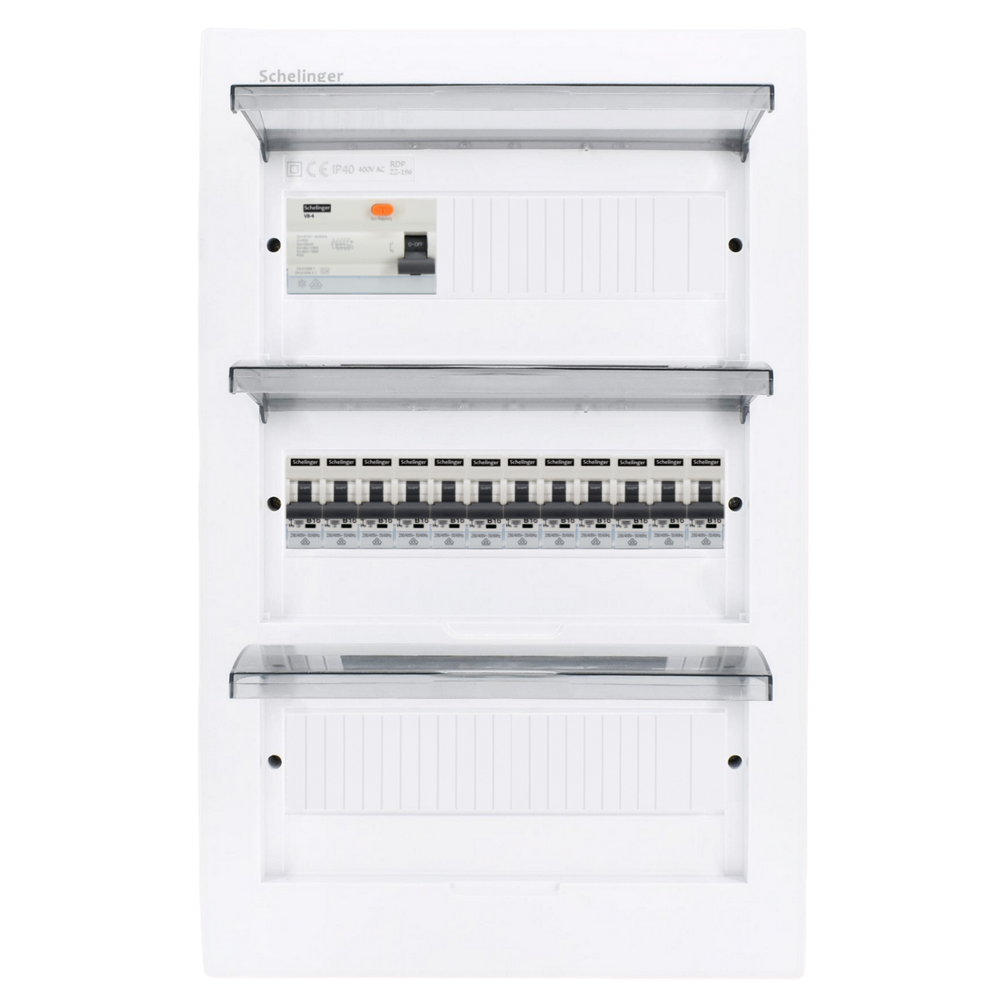 Sicherungskasten, 2,3,4,5 Reihig, Aufputz, Unterputz, Hohlwand, verdrahtet, VDE 1 x FI 40A/30mA + 12 x 1P LS B16