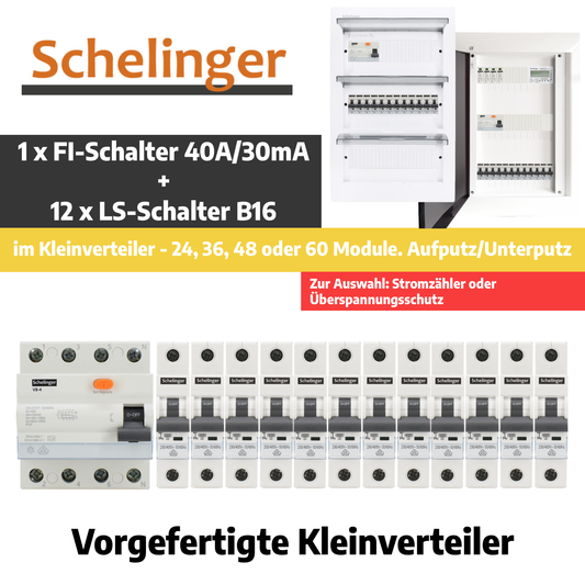 Sicherungskasten, 2,3,4,5 Reihig, Aufputz, Unterputz, Hohlwand, verdrahtet, VDE 1 x FI 40A/30mA + 12 x 1P LS B16
