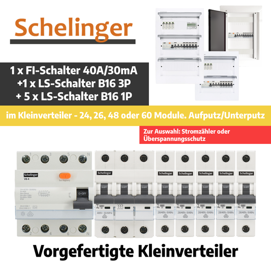 Sicherungskasten, 2,3,4,5 Reihig, Aufputz, Unterputz, Hohlwand, verdrahtet, VDE 1 x FI 40A/30mA + 1 x 3P LS B16 + 5 x 1P LS B16