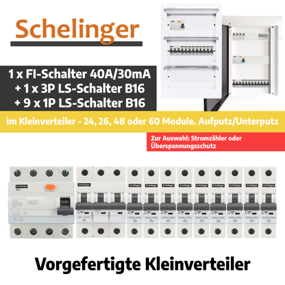 Sicherungskasten, 2,3,4,5 Reihig, Aufputz, Unterputz, Hohlwand, verdrahtet, VDE 1 x FI 40A/30mA + 1 x 3P LS B16  + 9 x 1P LS B16