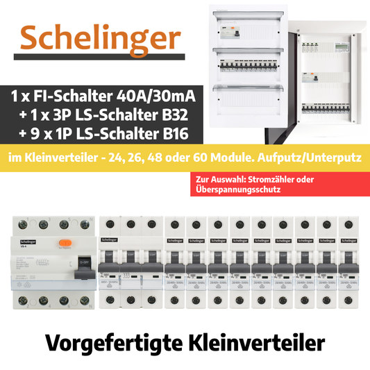 Sicherungskasten, 2,3,4,5 Reihig, Aufputz, Unterputz, Hohlwand, verdrahtet, VDE 1 x FI 40A/30mA + 1 x 3P LS B32  + 9 x 1P LS B16