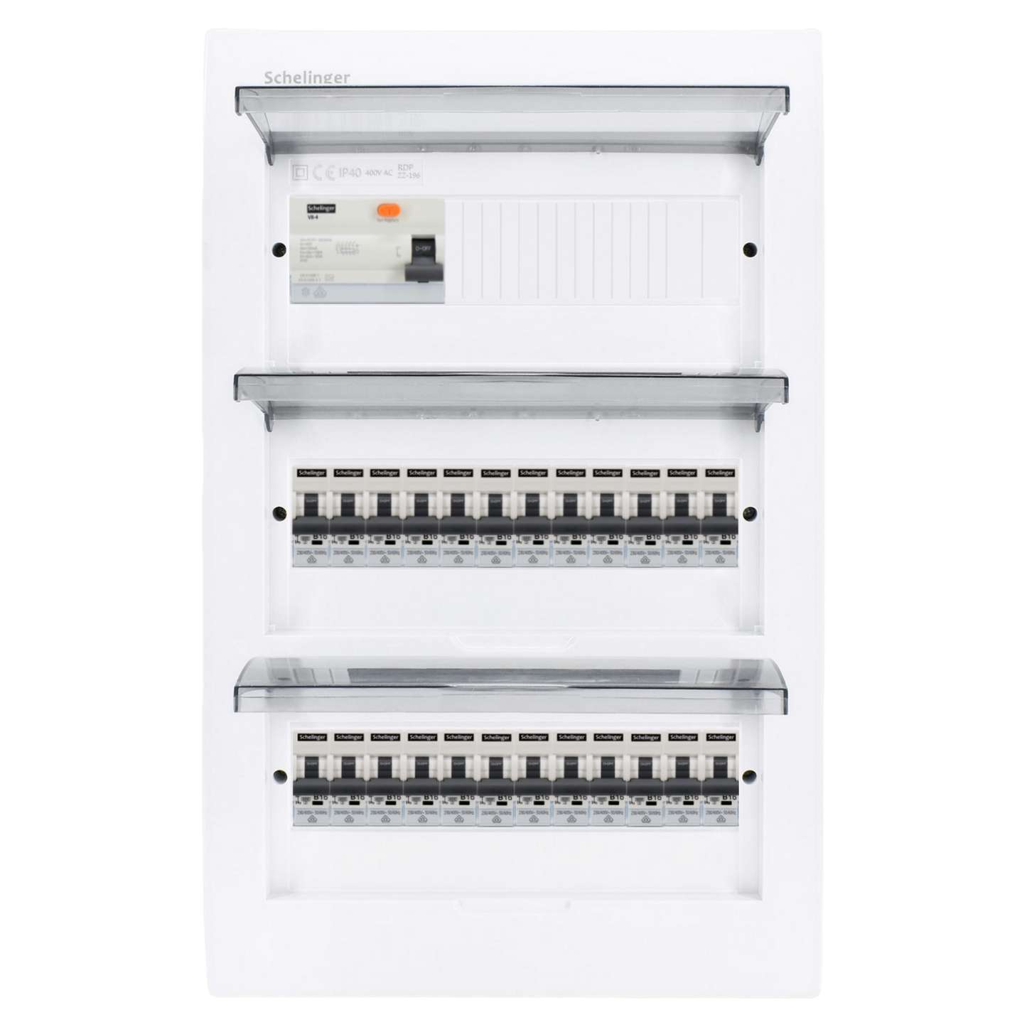 Sicherungskasten,3,4,5 Reihig, Aufputz, Unterputz, Hohlwand, verdrahtet, VDE 1 x FI 40A/30mA + 24 x 1P LS B16
