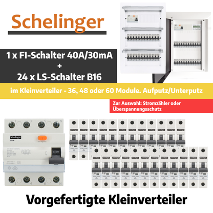 Sicherungskasten,3,4,5 Reihig, Aufputz, Unterputz, Hohlwand, verdrahtet, VDE 1 x FI 40A/30mA + 24 x 1P LS B16