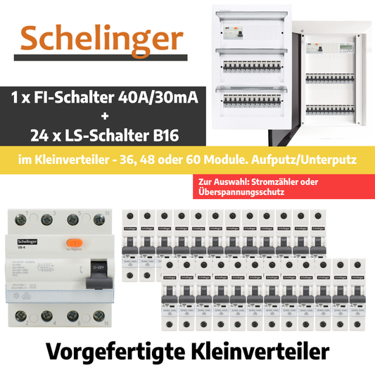 Sicherungskasten,3,4,5 Reihig, Aufputz, Unterputz, Hohlwand, verdrahtet, VDE 1 x FI 40A/30mA + 24 x 1P LS B16