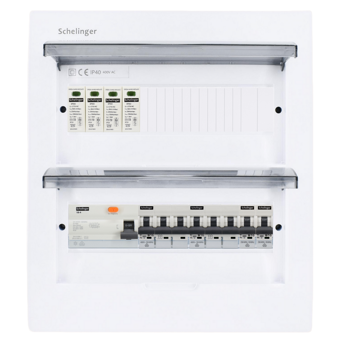 Sicherungskasten, 2,3,4,5 Reihig, Aufputz, Unterputz, Hohlwand, verdrahtet, VDE 1 x FI 40A/30mA + 2 x 3P LS B16 + 2 x 1P LS B16