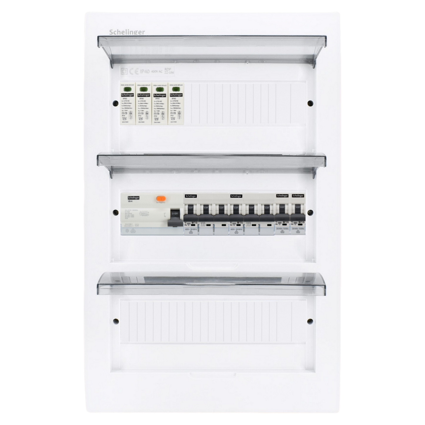 Sicherungskasten, 2,3,4,5 Reihig, Aufputz, Unterputz, Hohlwand, verdrahtet, VDE 1 x FI 40A/30mA + 2 x 3P LS B16 + 2 x 1P LS B16