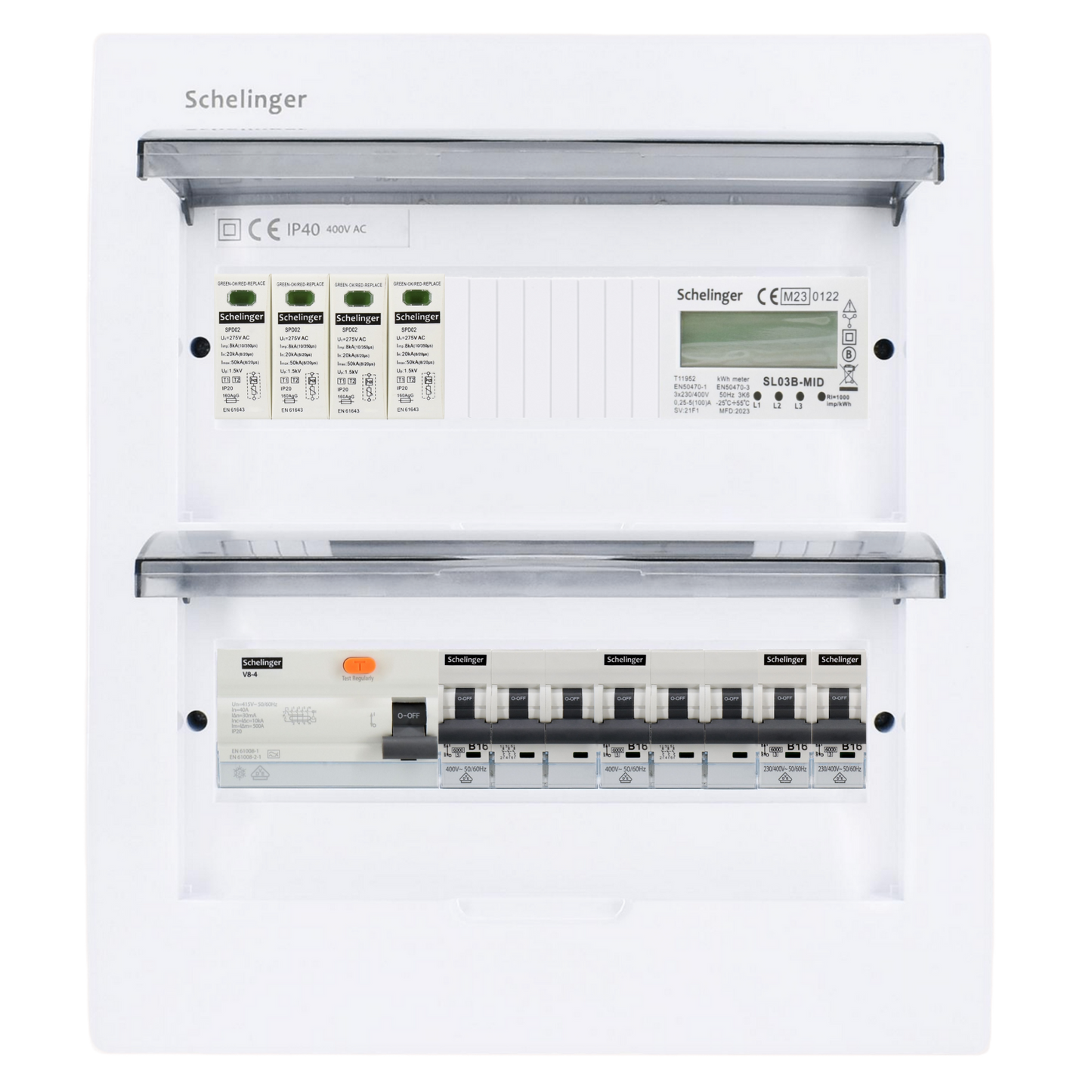Sicherungskasten, 2,3,4,5 Reihig, Aufputz, Unterputz, Hohlwand, verdrahtet, VDE 1 x FI 40A/30mA + 2 x 3P LS B16 + 2 x 1P LS B16