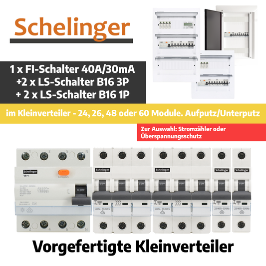 Sicherungskasten, 2,3,4,5 Reihig, Aufputz, Unterputz, Hohlwand, verdrahtet, VDE 1 x FI 40A/30mA + 2 x 3P LS B16 + 2 x 1P LS B16