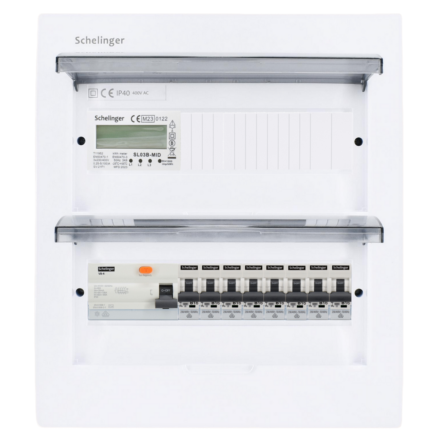 Sicherungskasten, 2,3,4,5 Reihig, Aufputz, Unterputz, Hohlwand, verdrahtet, VDE 1 x FI 40A/30mA + 8 x 1P LS B16