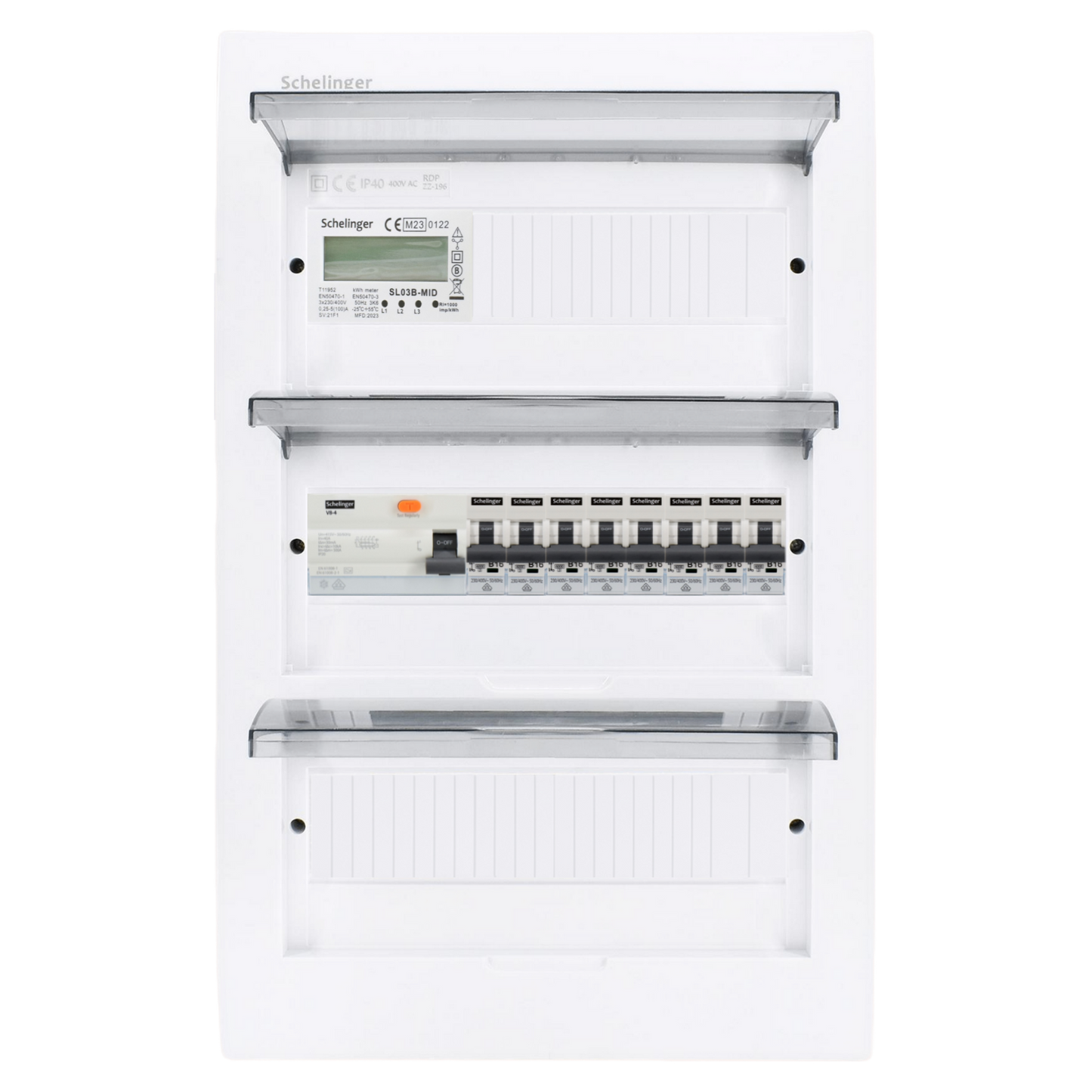 Sicherungskasten, 2,3,4,5 Reihig, Aufputz, Unterputz, Hohlwand, verdrahtet, VDE 1 x FI 40A/30mA + 8 x 1P LS B16
