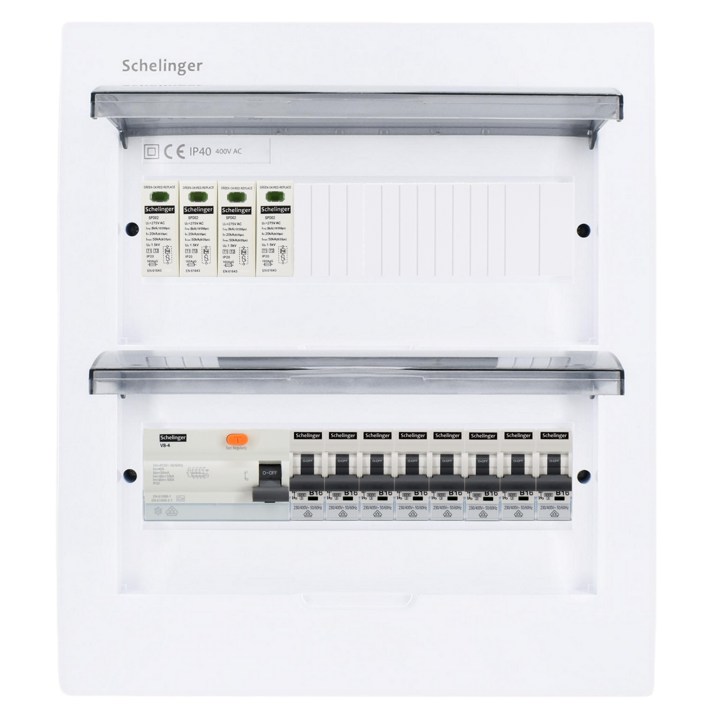 Sicherungskasten, 2,3,4,5 Reihig, Aufputz, Unterputz, Hohlwand, verdrahtet, VDE 1 x FI 40A/30mA + 8 x 1P LS B16