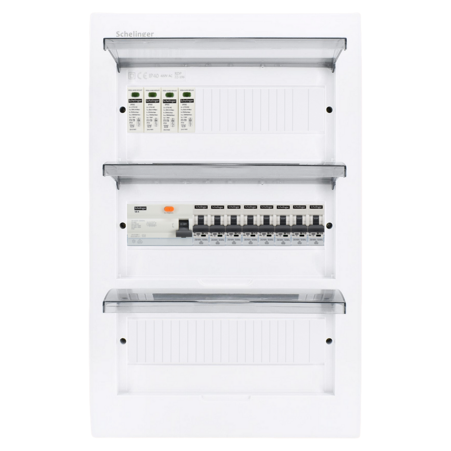 Sicherungskasten, 2,3,4,5 Reihig, Aufputz, Unterputz, Hohlwand, verdrahtet, VDE 1 x FI 40A/30mA + 8 x 1P LS B16