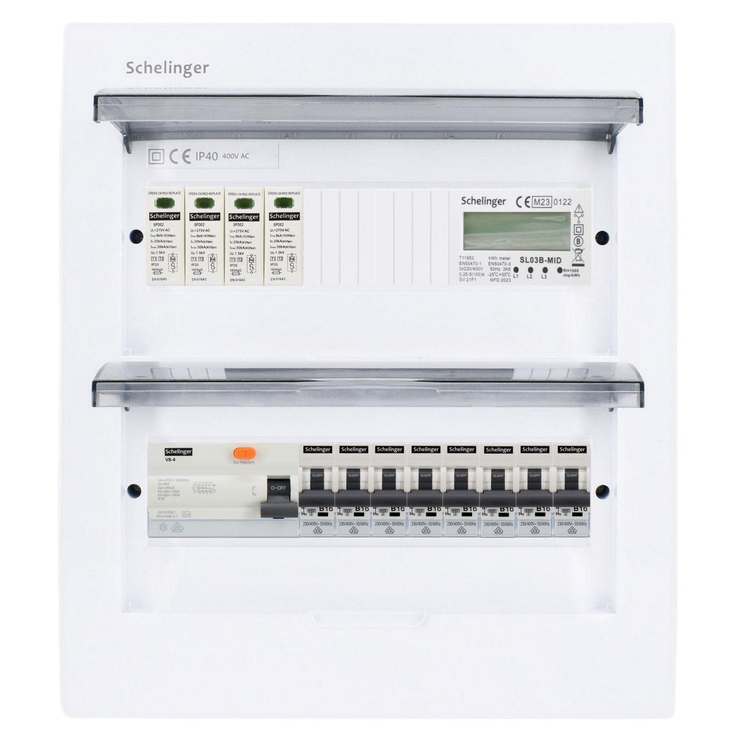 Sicherungskasten, 2,3,4,5 Reihig, Aufputz, Unterputz, Hohlwand, verdrahtet, VDE 1 x FI 40A/30mA + 8 x 1P LS B16