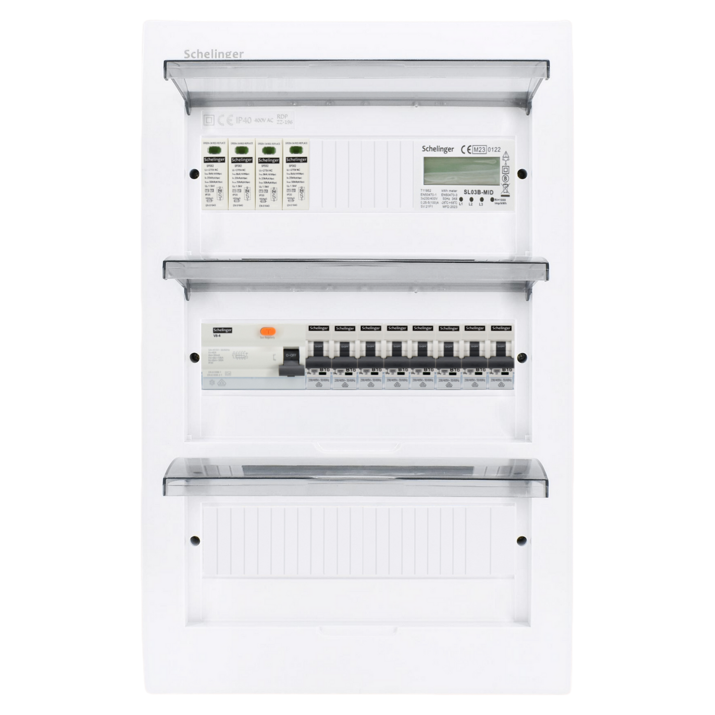 Sicherungskasten, 2,3,4,5 Reihig, Aufputz, Unterputz, Hohlwand, verdrahtet, VDE 1 x FI 40A/30mA + 8 x 1P LS B16