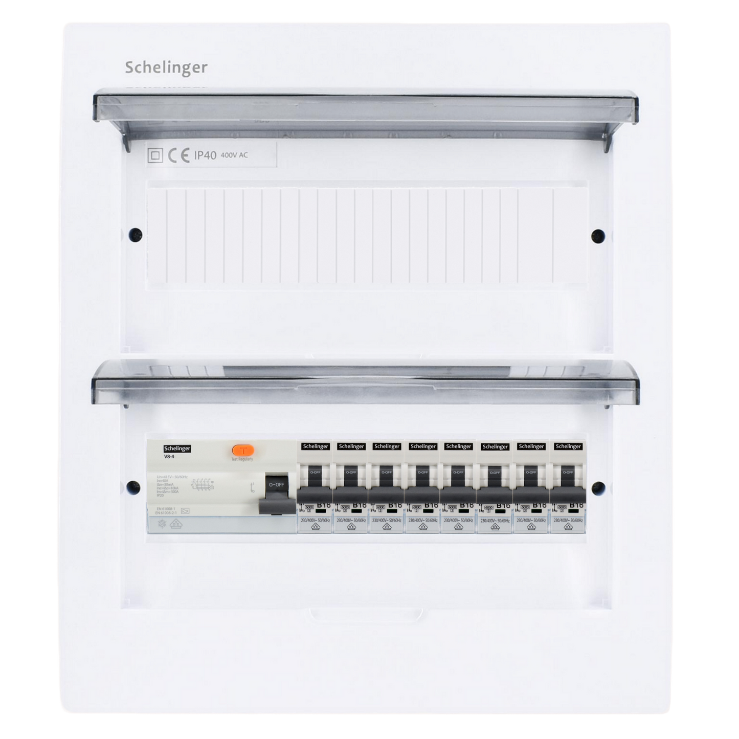 Sicherungskasten, 2,3,4,5 Reihig, Aufputz, Unterputz, Hohlwand, verdrahtet, VDE 1 x FI 40A/30mA + 8 x 1P LS B16