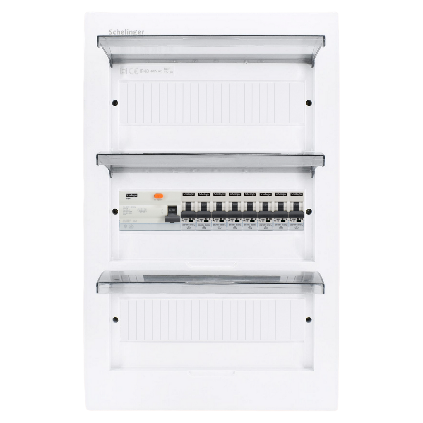 Sicherungskasten, 2,3,4,5 Reihig, Aufputz, Unterputz, Hohlwand, verdrahtet, VDE 1 x FI 40A/30mA + 8 x 1P LS B16