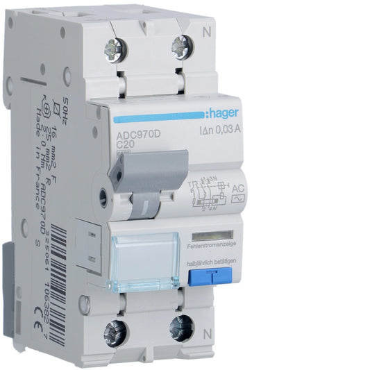 Hager ADC970D FI/LS-Schalter, 1P+N, 6kA, C20, 30mA, Typ A, QuickConnect