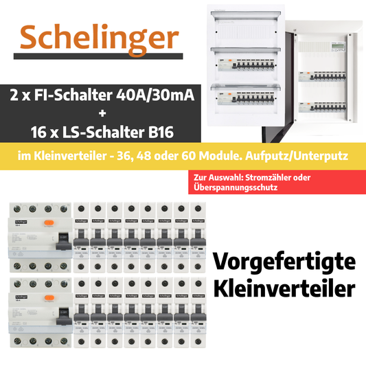Sicherungskasten,3,4,5 Reihig, Aufputz, Unterputz, Hohlwand, verdrahtet, VDE 2 x FI 40A/30mA + 16 x 1P LS B16