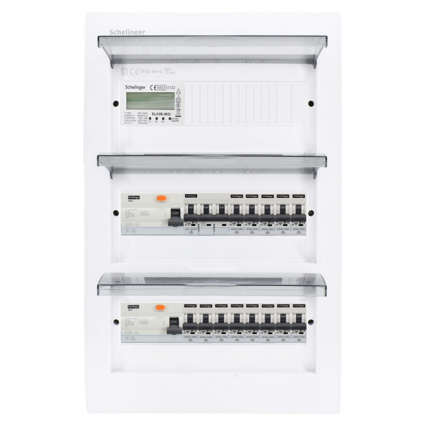 Sicherungskasten,3,4,5 Reihig, Aufputz, Unterputz, Hohlwand, verdrahtet, VDE 2 x FI 40A/30mA + 1 x 3P LS B16 + 13 x 1P LS B16