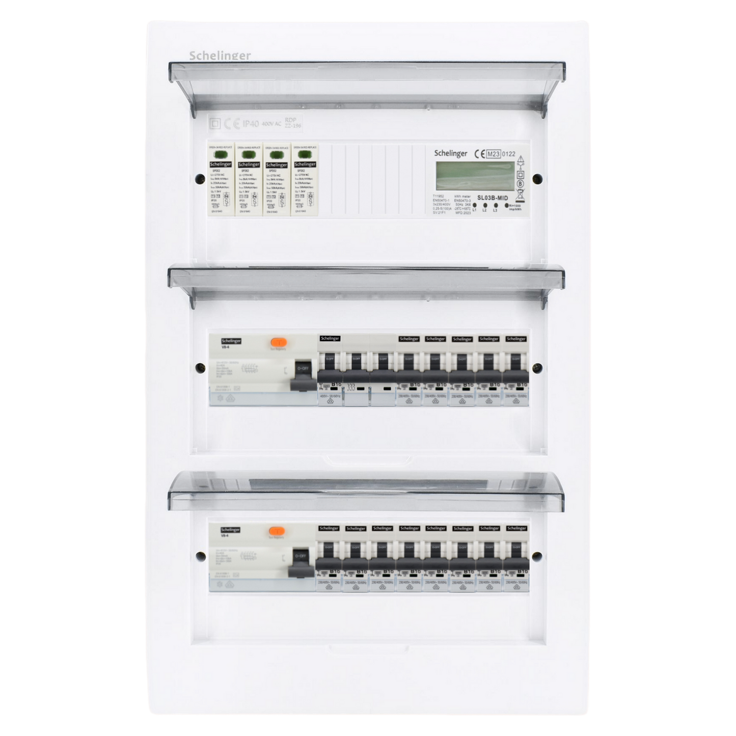 Sicherungskasten,3,4,5 Reihig, Aufputz, Unterputz, Hohlwand, verdrahtet, VDE 2 x FI 40A/30mA + 1 x 3P LS B16 + 13 x 1P LS B16