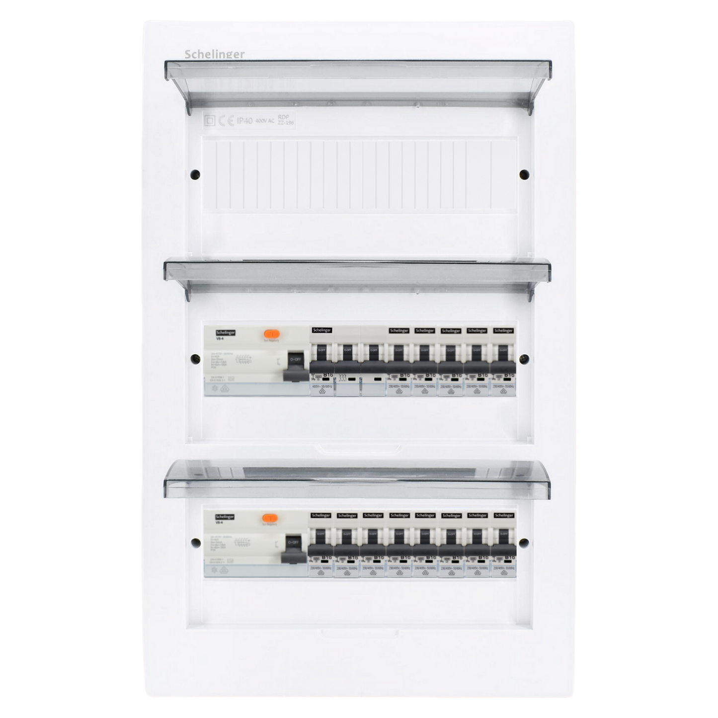 Sicherungskasten,3,4,5 Reihig, Aufputz, Unterputz, Hohlwand, verdrahtet, VDE 2 x FI 40A/30mA + 1 x 3P LS B16 + 13 x 1P LS B16