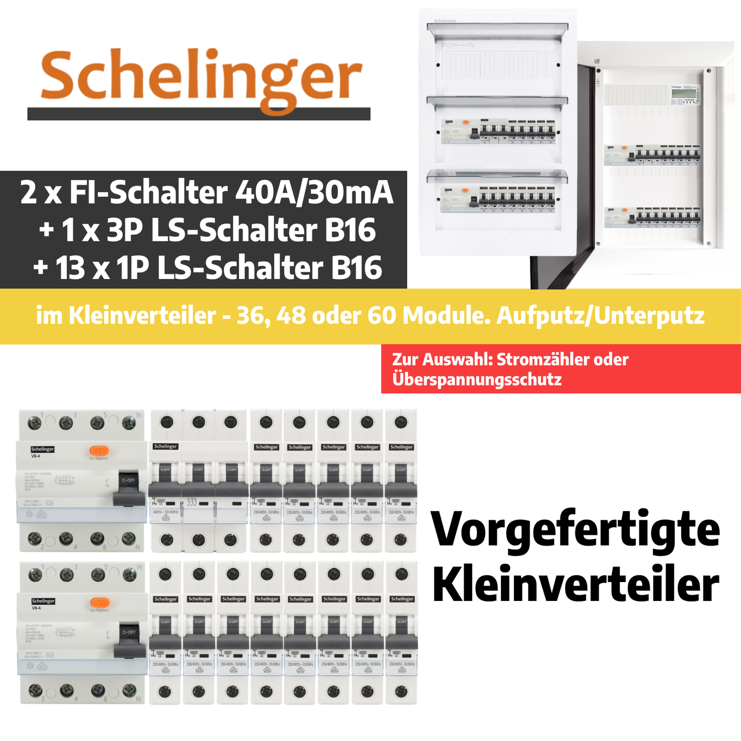 Sicherungskasten,3,4,5 Reihig, Aufputz, Unterputz, Hohlwand, verdrahtet, VDE 2 x FI 40A/30mA + 1 x 3P LS B16 + 13 x 1P LS B16
