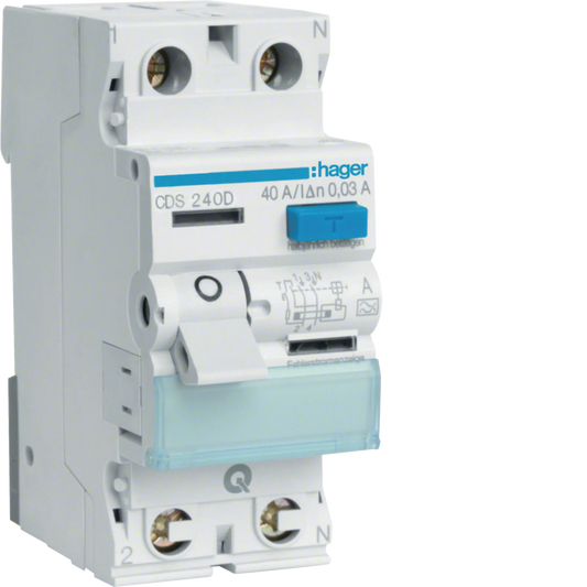Hager CDS240D FI-Schutzschalter, 2P, 40A, 30mA, Typ A, QuickConnect