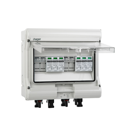 Hager Solar Anschlusskasten DC für 2 PV-Strings mit geöffnetem transparentem Deckel