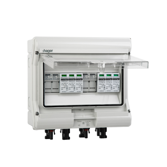 Hager Solar Anschlusskasten DC für 2 PV-Strings mit geöffnetem transparentem Deckel