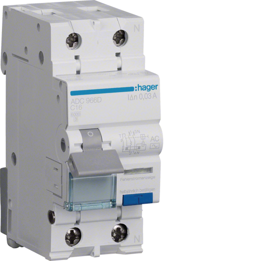Hager ADC966D FI/LS-Schalter, 1P+N, 6kA, C16, 30mA, Typ AC