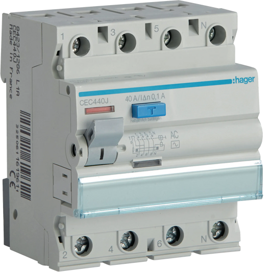 Hager CEC440J FI-Schutzschalter, 4P, 40A, 100mA, Typ AC