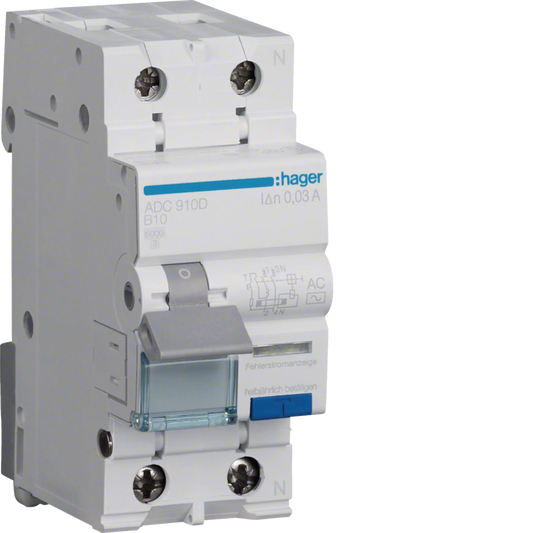 Hager ADC910D FI/LS-Schalter, 1P+N, 6kA, B10, 30mA, Typ AC