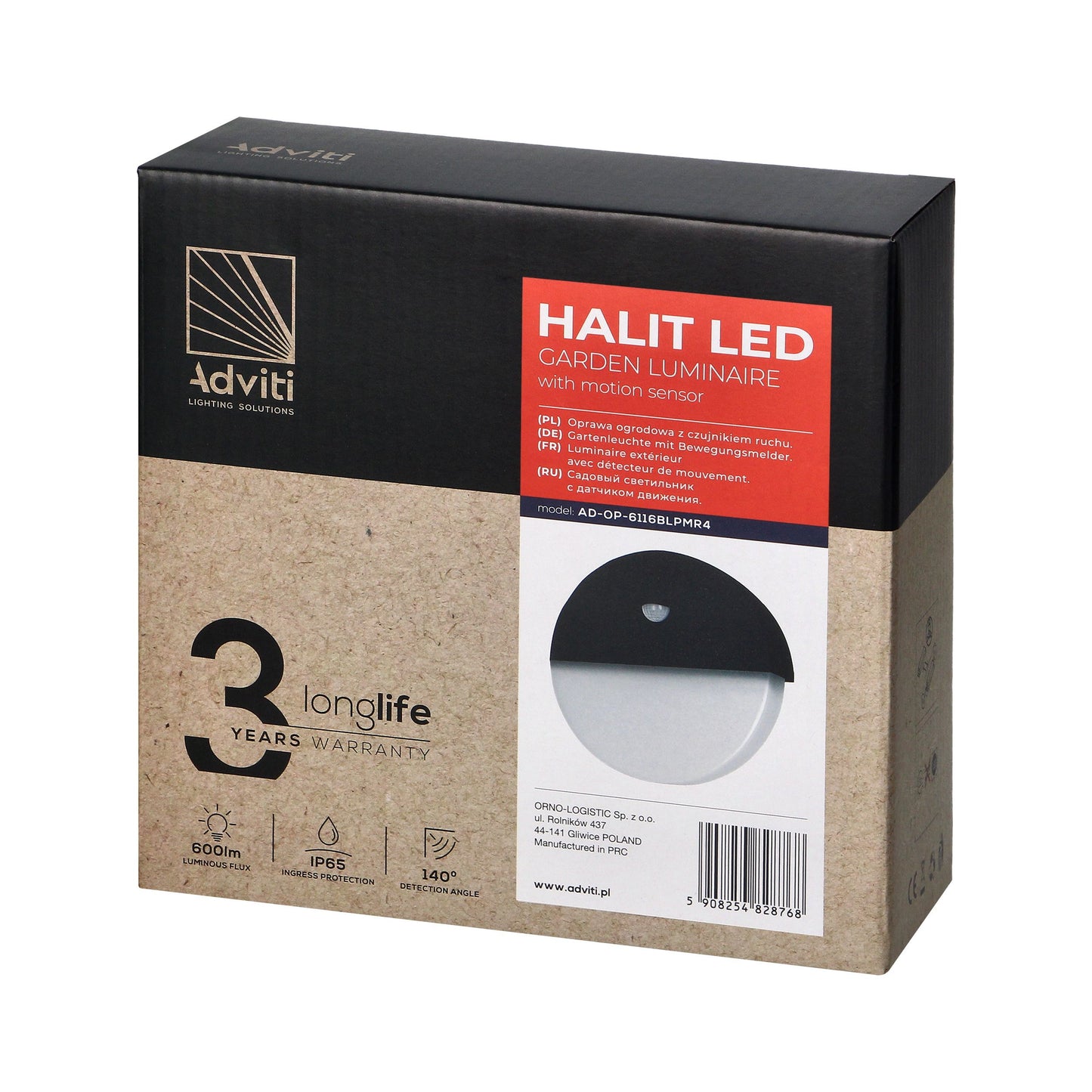 HALIT LED-Gartenleuchte 10W, weiß mit PIR-Bewegungssensor 140°, 600lm, IP65, 4000K, IK10, schwarz