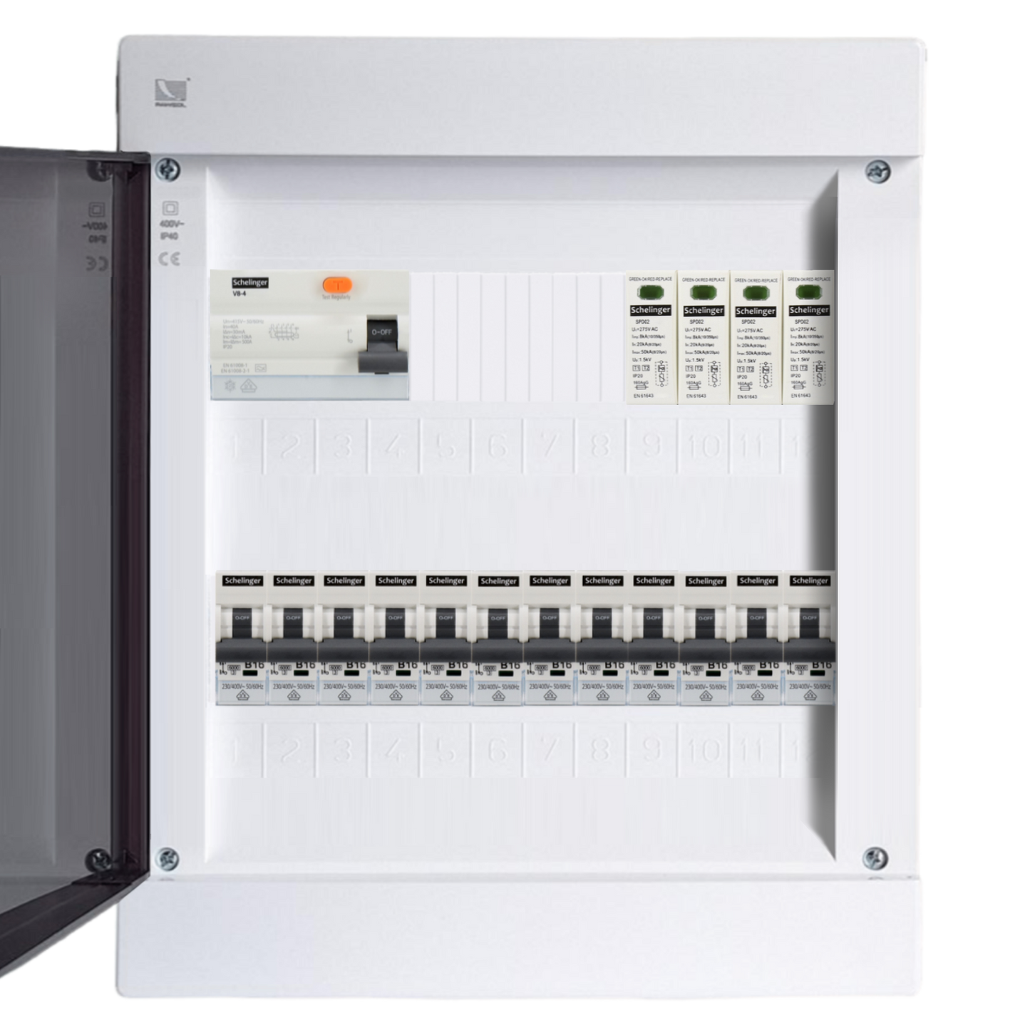 Sicherungskasten, 2,3,4,5 Reihig, Aufputz, Unterputz, Hohlwand, verdrahtet, VDE 1 x FI 40A/30mA + 12 x 1P LS B16