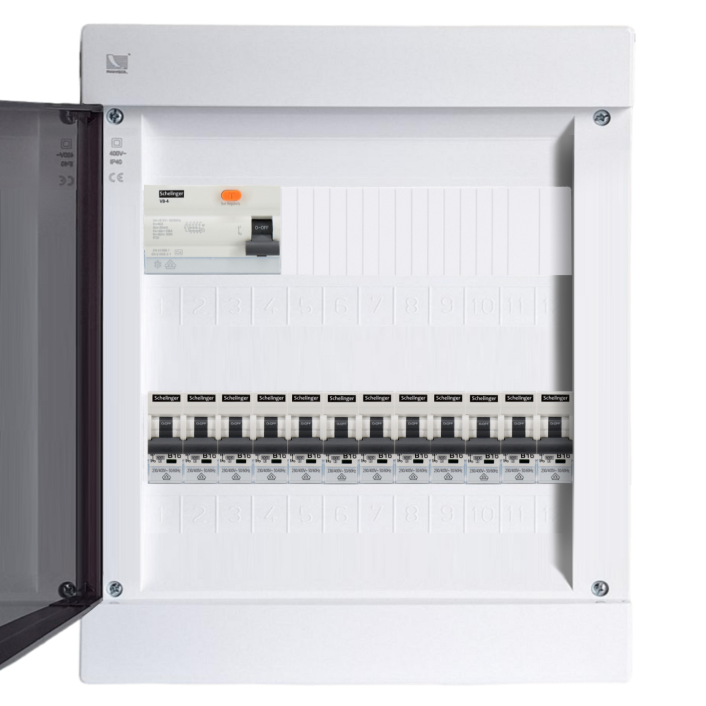 Sicherungskasten, 2,3,4,5 Reihig, Aufputz, Unterputz, Hohlwand, verdrahtet, VDE 1 x FI 40A/30mA + 12 x 1P LS B16