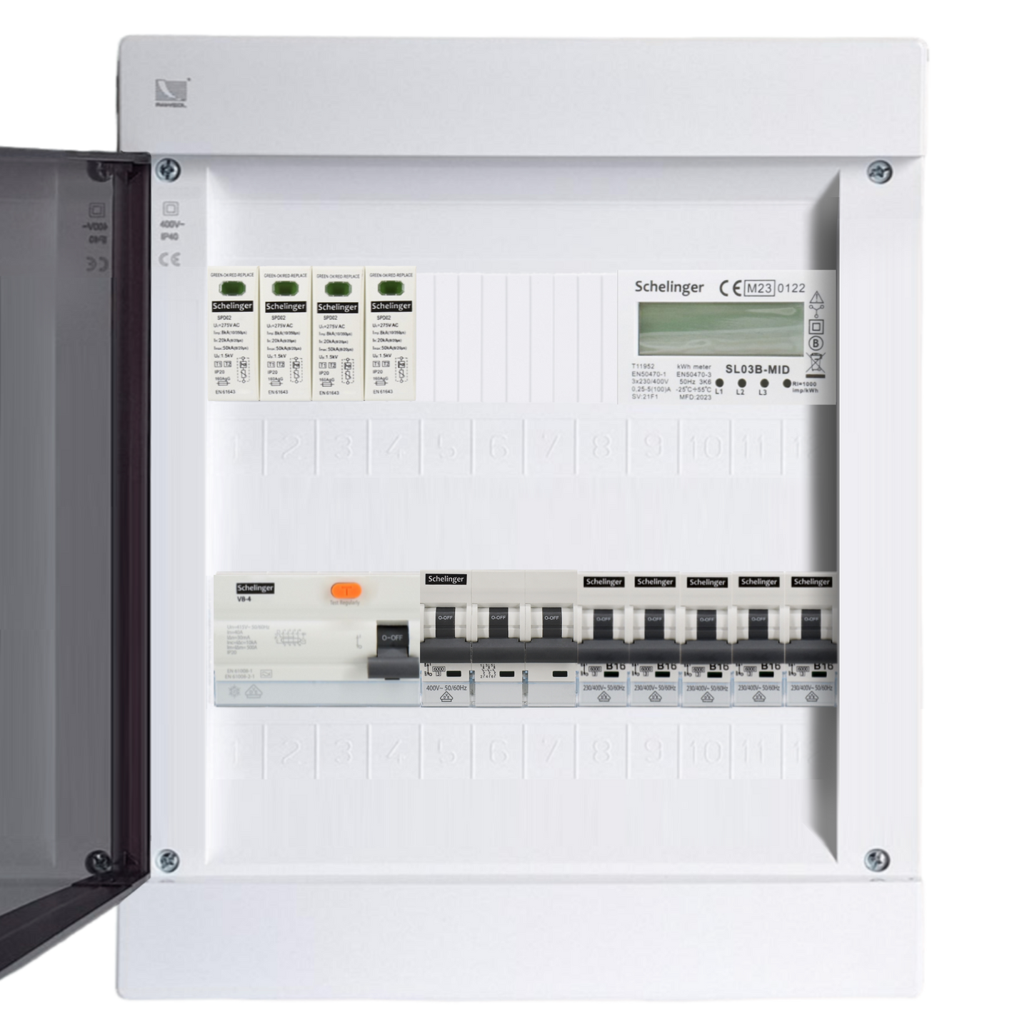 Sicherungskasten, 2,3,4,5 Reihig, Aufputz, Unterputz, Hohlwand, verdrahtet, VDE 1 x FI 40A/30mA + 1 x 3P LS B16 + 5 x 1P LS B16