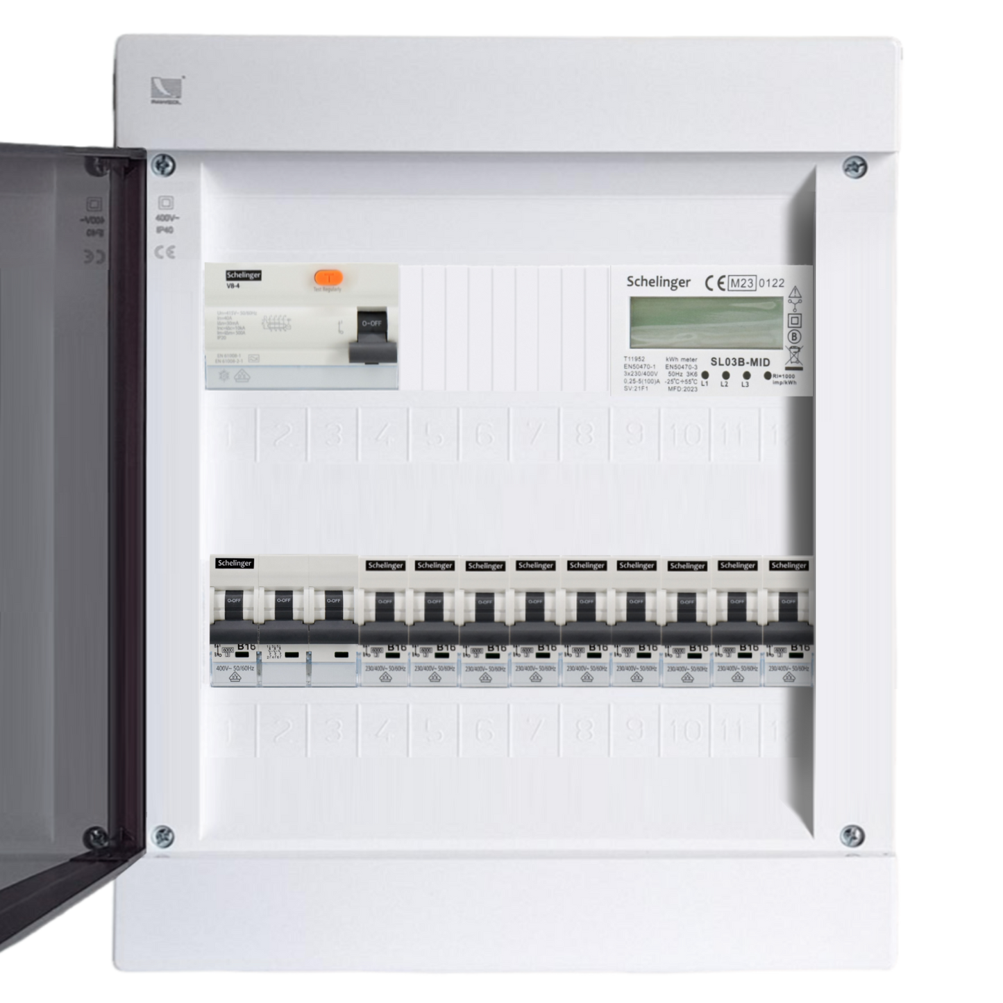 Sicherungskasten, 2,3,4,5 Reihig, Aufputz, Unterputz, Hohlwand, verdrahtet, VDE 1 x FI 40A/30mA + 1 x 3P LS B32  + 9 x 1P LS B16