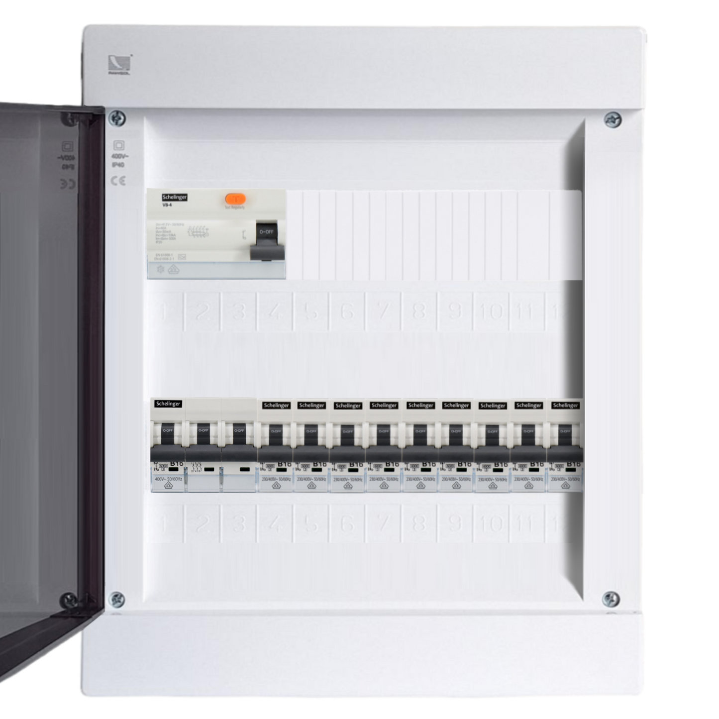 Sicherungskasten, 2,3,4,5 Reihig, Aufputz, Unterputz, Hohlwand, verdrahtet, VDE 1 x FI 40A/30mA + 1 x 3P LS B32  + 9 x 1P LS B16