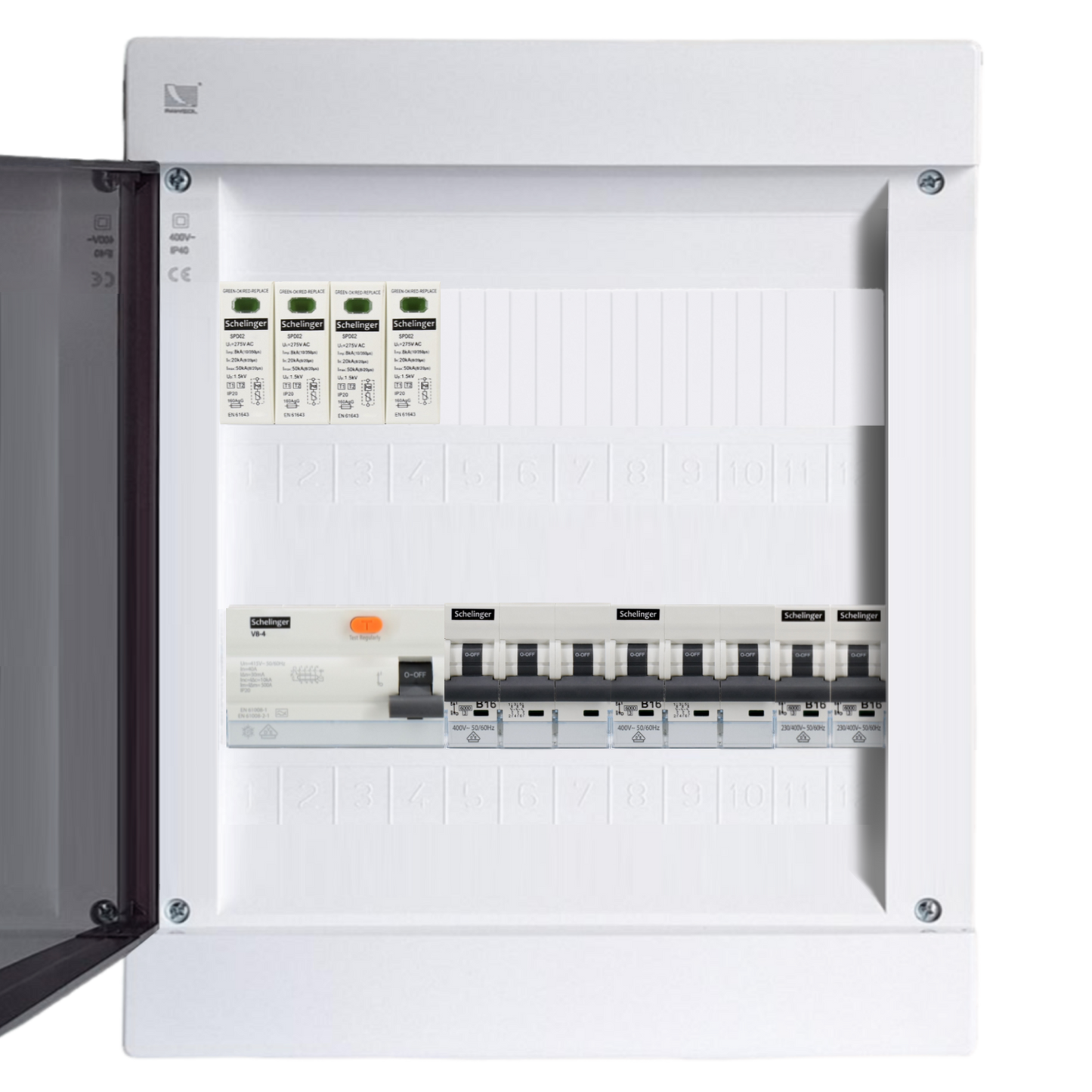 Sicherungskasten, 2,3,4,5 Reihig, Aufputz, Unterputz, Hohlwand, verdrahtet, VDE 1 x FI 40A/30mA + 2 x 3P LS B16 + 2 x 1P LS B16
