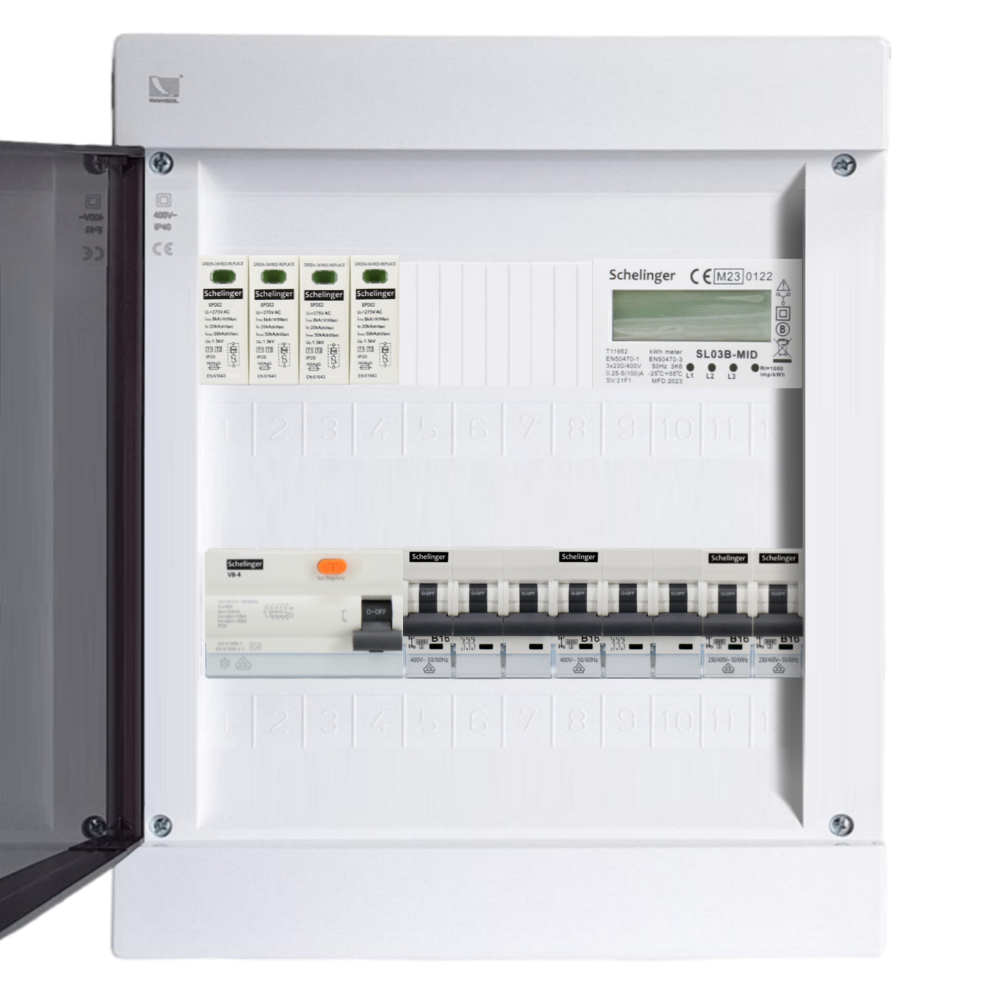 Sicherungskasten, 2,3,4,5 Reihig, Aufputz, Unterputz, Hohlwand, verdrahtet, VDE 1 x FI 40A/30mA + 2 x 3P LS B16 + 2 x 1P LS B16