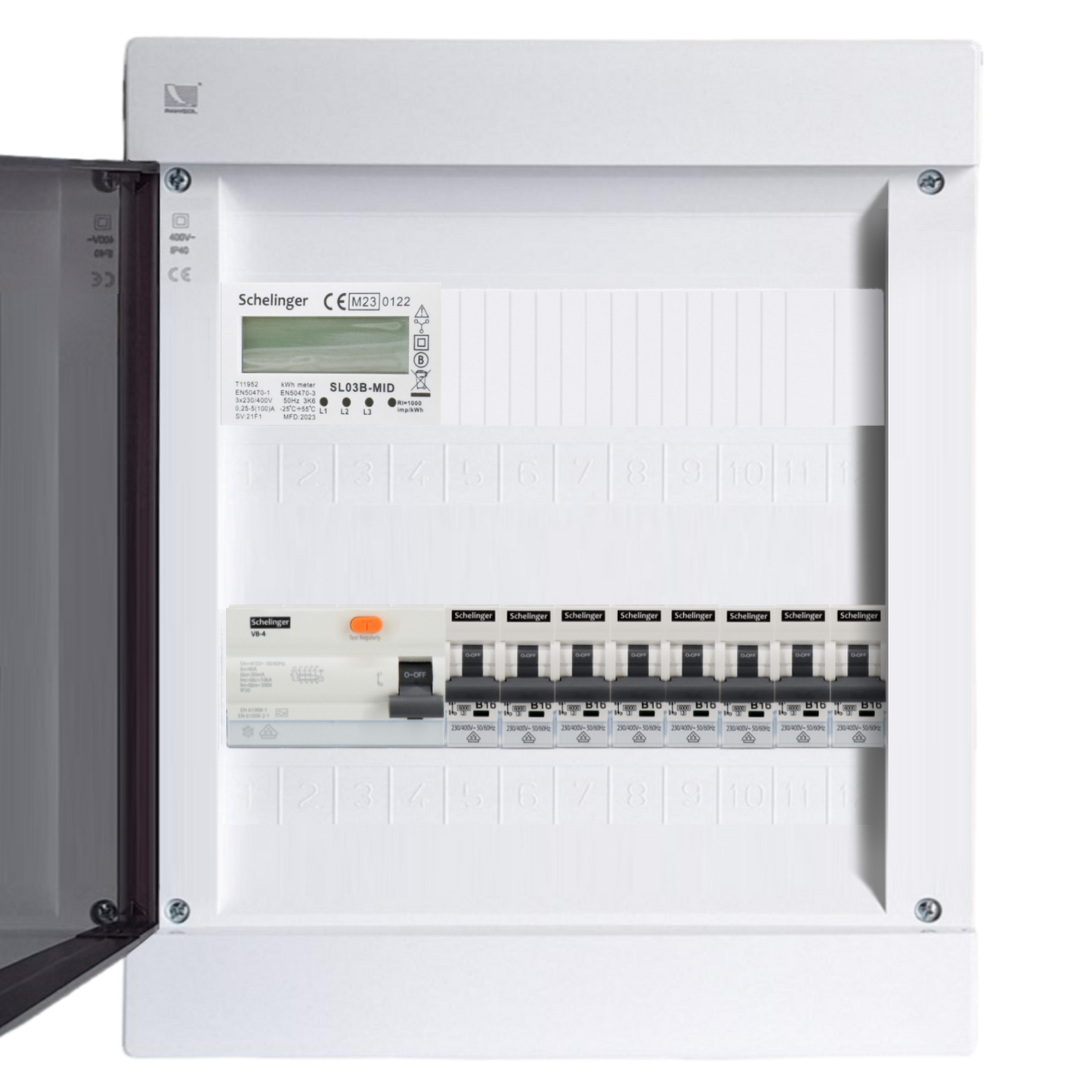 Sicherungskasten, 2,3,4,5 Reihig, Aufputz, Unterputz, Hohlwand, verdrahtet, VDE 1 x FI 40A/30mA + 8 x 1P LS B16