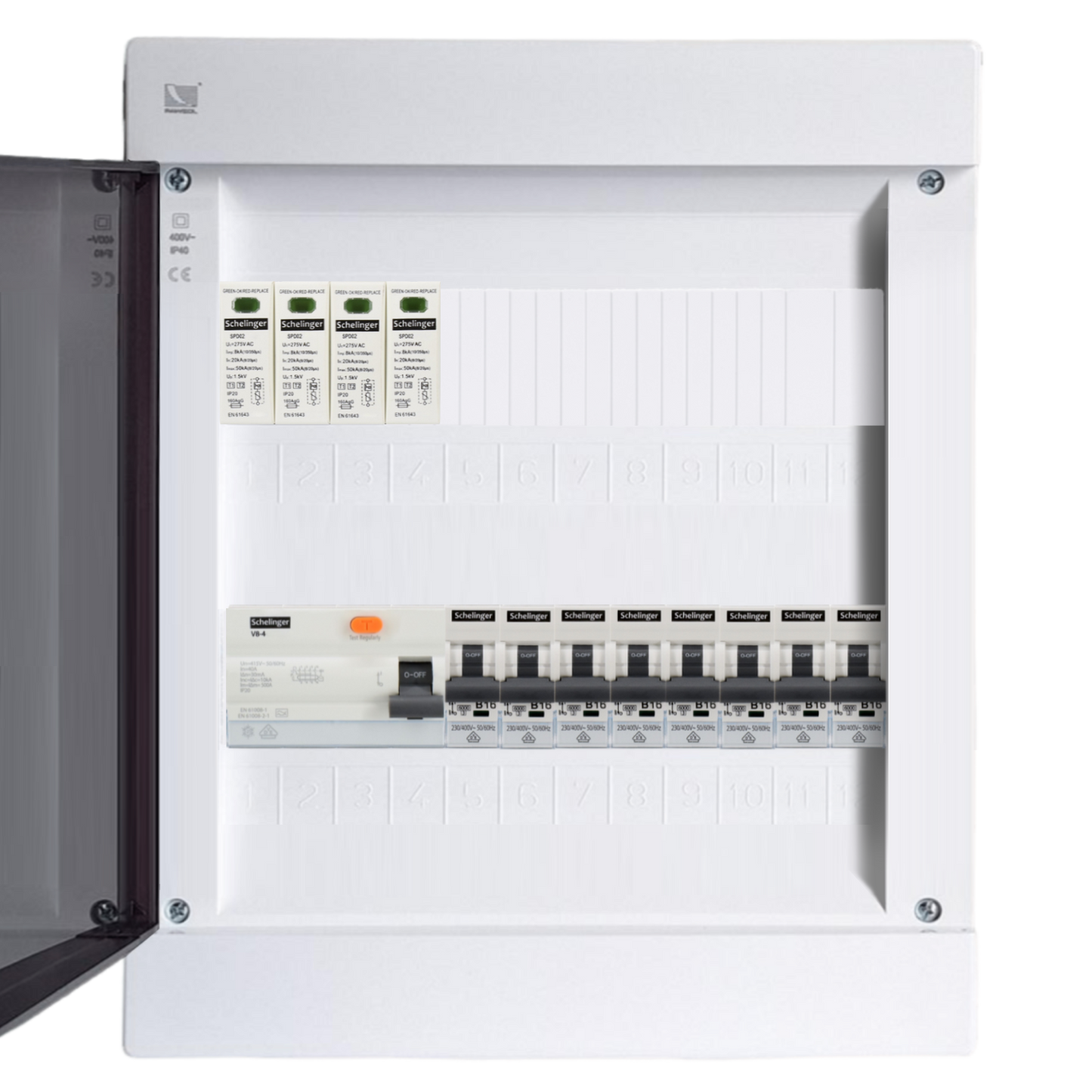 Sicherungskasten, 2,3,4,5 Reihig, Aufputz, Unterputz, Hohlwand, verdrahtet, VDE 1 x FI 40A/30mA + 8 x 1P LS B16